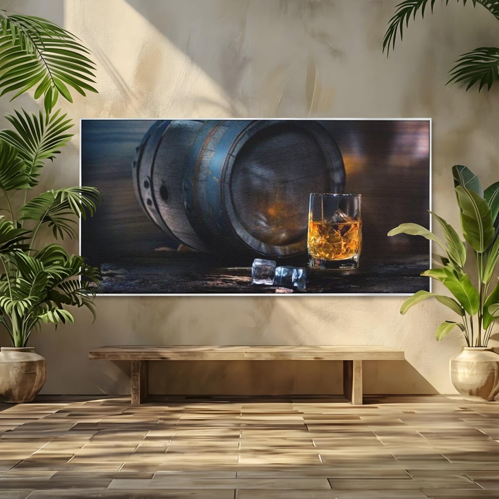 Tablou canvas cu tablou canvas cu butoi de whisky si pahar cu gheata, in rama de aluminiu argintiu